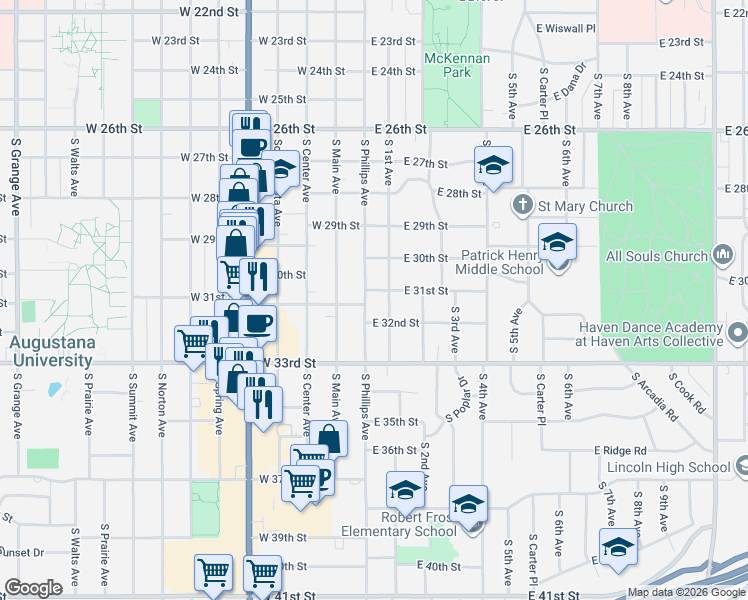 map of restaurants, bars, coffee shops, grocery stores, and more near 2312 South Phillips Avenue in Sioux Falls