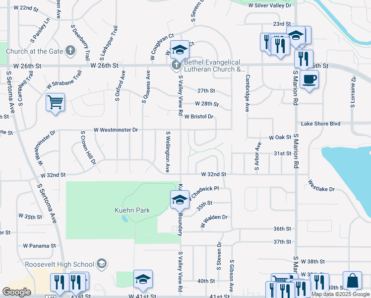 map of restaurants, bars, coffee shops, grocery stores, and more near 2313 South Valley View Road in Sioux Falls