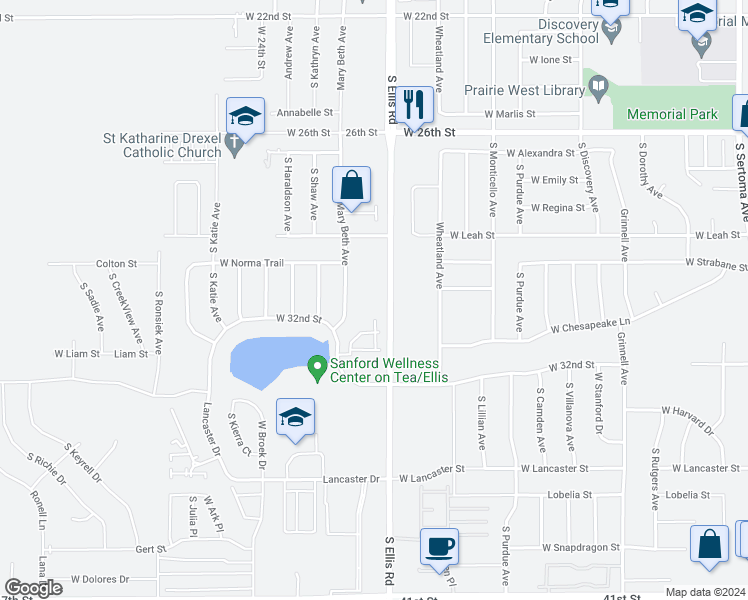 map of restaurants, bars, coffee shops, grocery stores, and more near 2301 South Ellis Road in Sioux Falls