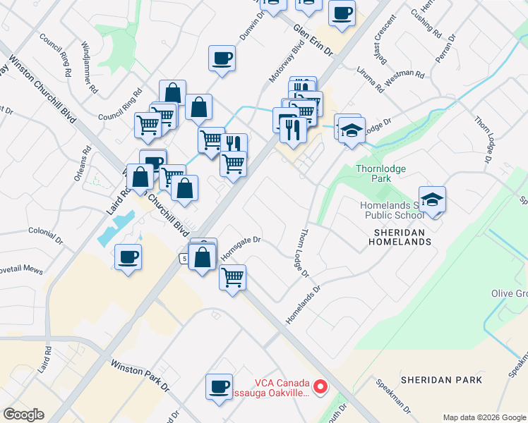 map of restaurants, bars, coffee shops, grocery stores, and more near 2608 Pinkwell Drive in Mississauga