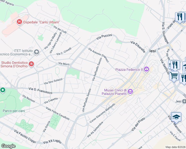 map of restaurants, bars, coffee shops, grocery stores, and more near 12 Viale Papa Giovanni XXIII in Jesi