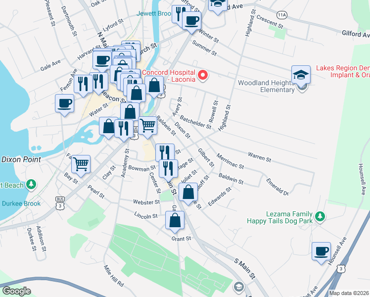 map of restaurants, bars, coffee shops, grocery stores, and more near 94 Baldwin Street in Laconia