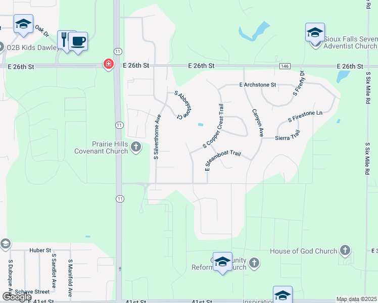 map of restaurants, bars, coffee shops, grocery stores, and more near 2705 South Moss Stone Circle in Sioux Falls