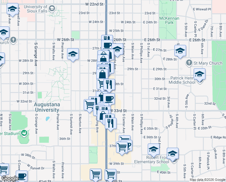 map of restaurants, bars, coffee shops, grocery stores, and more near 400 West 31st Street in Sioux Falls
