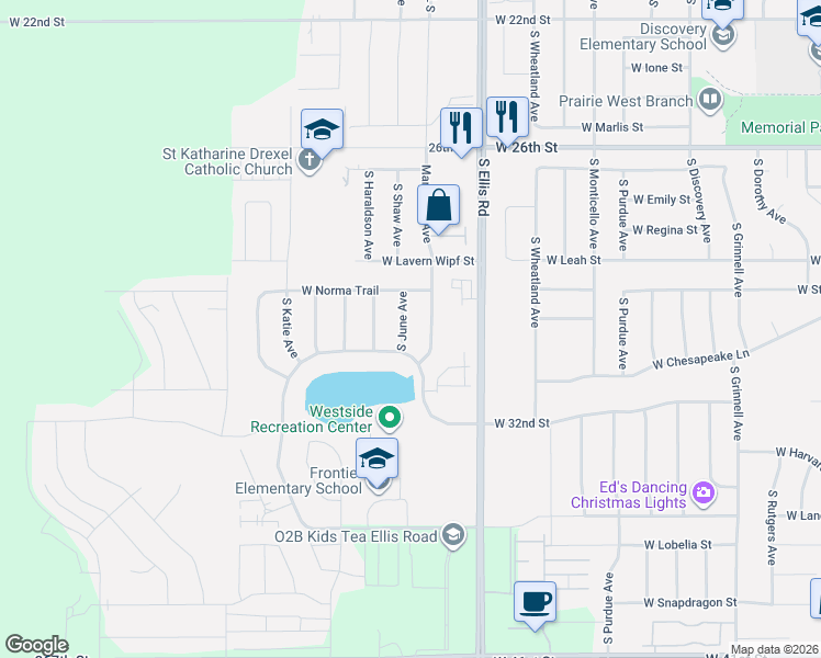 map of restaurants, bars, coffee shops, grocery stores, and more near 2305 South June Avenue in Sioux Falls