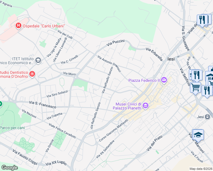 map of restaurants, bars, coffee shops, grocery stores, and more near 12 Viale Papa Giovanni XXIII in Jesi