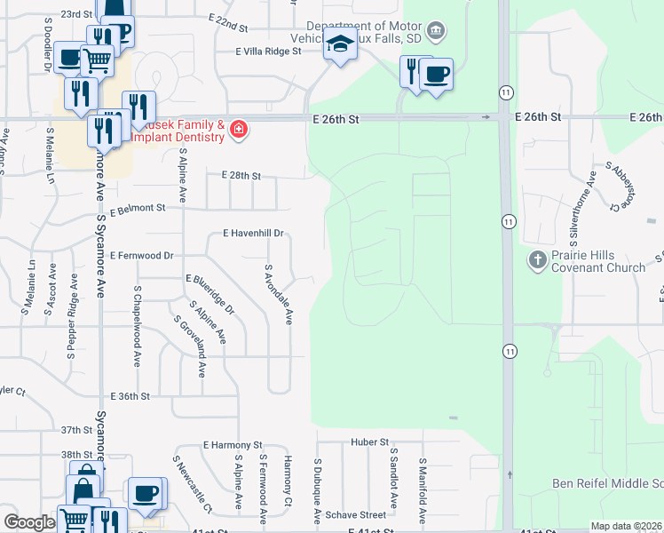 map of restaurants, bars, coffee shops, grocery stores, and more near 5044 East Havenhill Drive in Sioux Falls