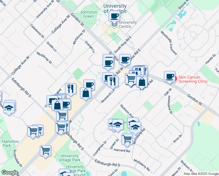 map of restaurants, bars, coffee shops, grocery stores, and more near 100 Stone Road West in Guelph