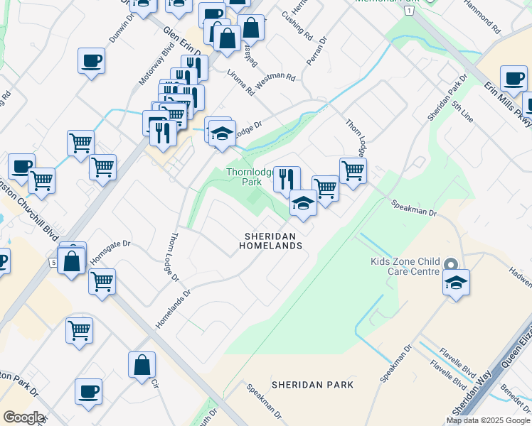 map of restaurants, bars, coffee shops, grocery stores, and more near 2445 Homelands Drive in Mississauga