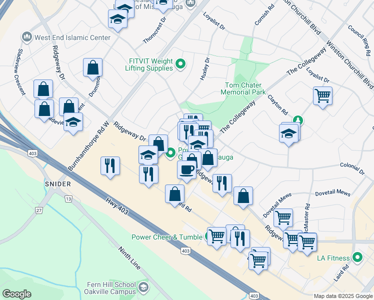 map of restaurants, bars, coffee shops, grocery stores, and more near in Mississauga