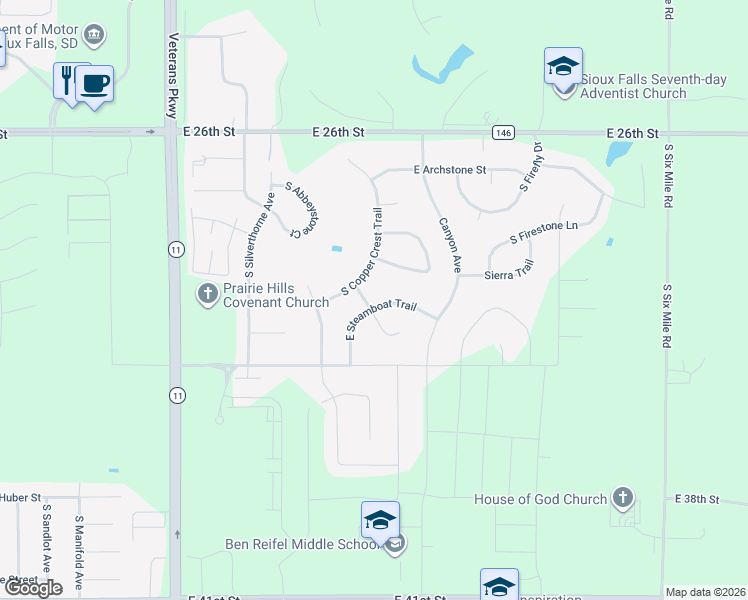 map of restaurants, bars, coffee shops, grocery stores, and more near 2401 South Durango Drive in Sioux Falls