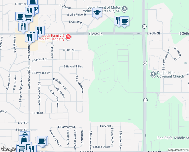 map of restaurants, bars, coffee shops, grocery stores, and more near 5044 East Havenhill Drive in Sioux Falls