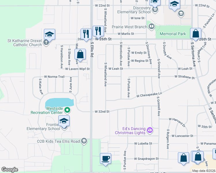 map of restaurants, bars, coffee shops, grocery stores, and more near South Wheatland Avenue in Sioux Falls