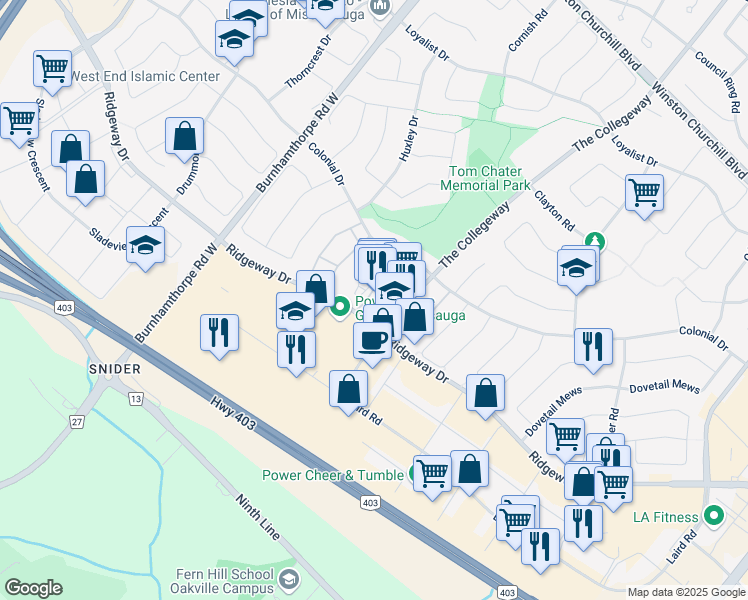 map of restaurants, bars, coffee shops, grocery stores, and more near 3401 Ridgeway Drive in Mississauga