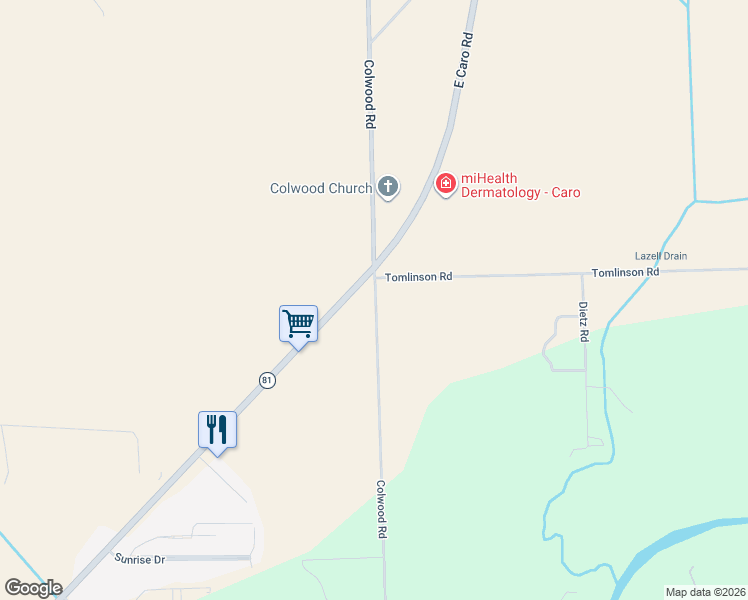 map of restaurants, bars, coffee shops, grocery stores, and more near 175 Colwood Road in Caro