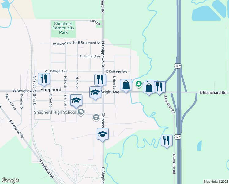map of restaurants, bars, coffee shops, grocery stores, and more near 300 East Wright Avenue in Shepherd