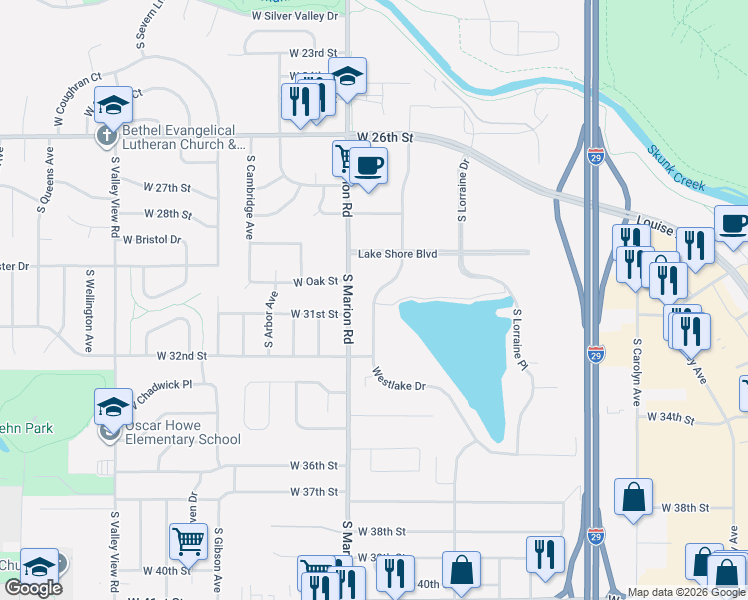 map of restaurants, bars, coffee shops, grocery stores, and more near 2300 South Marion Road in Sioux Falls