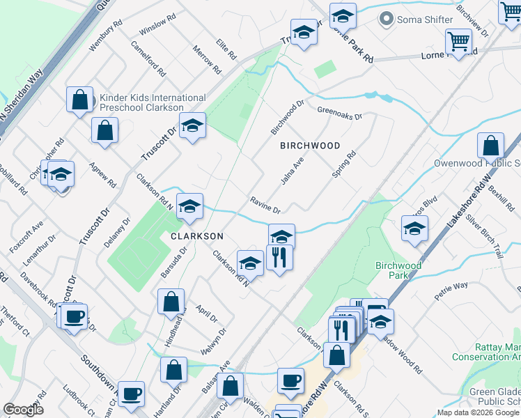 map of restaurants, bars, coffee shops, grocery stores, and more near 1258 Ravine Drive in Mississauga
