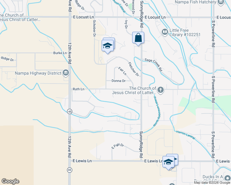 map of restaurants, bars, coffee shops, grocery stores, and more near 513 Ruth Lane in Nampa
