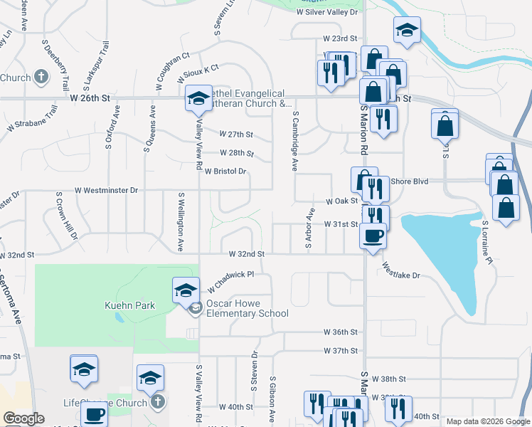 map of restaurants, bars, coffee shops, grocery stores, and more near 2309 South Royal Court in Sioux Falls