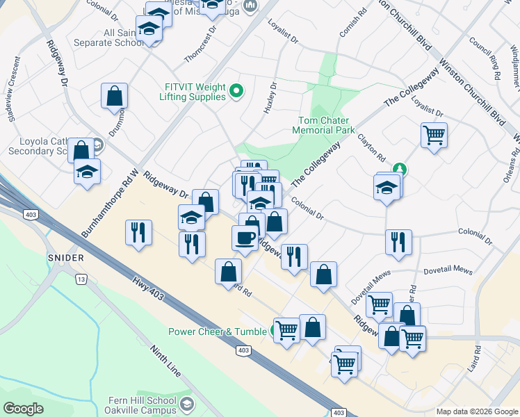 map of restaurants, bars, coffee shops, grocery stores, and more near in Mississauga