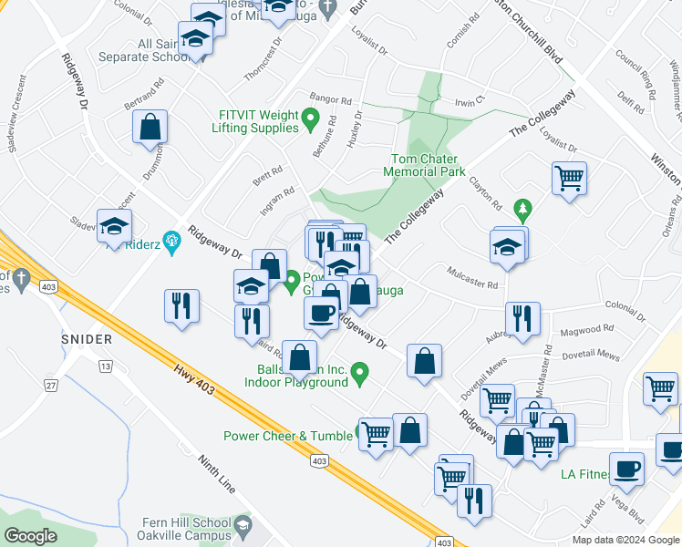 map of restaurants, bars, coffee shops, grocery stores, and more near in Mississauga