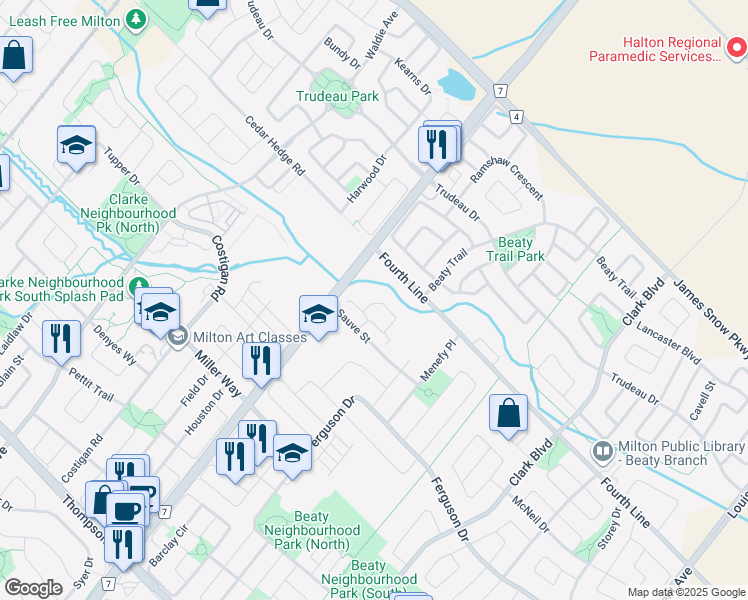map of restaurants, bars, coffee shops, grocery stores, and more near 620 Sauve Street in Milton