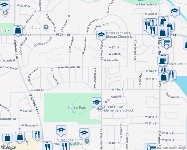 map of restaurants, bars, coffee shops, grocery stores, and more near 2201-2499 S Wellington Ave in Sioux Falls