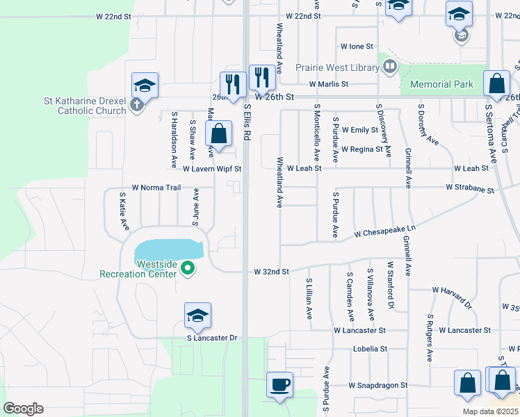 map of restaurants, bars, coffee shops, grocery stores, and more near 2301 South Ellis Road in Sioux Falls