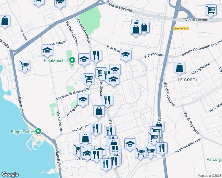 map of restaurants, bars, coffee shops, grocery stores, and more near 12 Via Luigi Settembrini in Livorno
