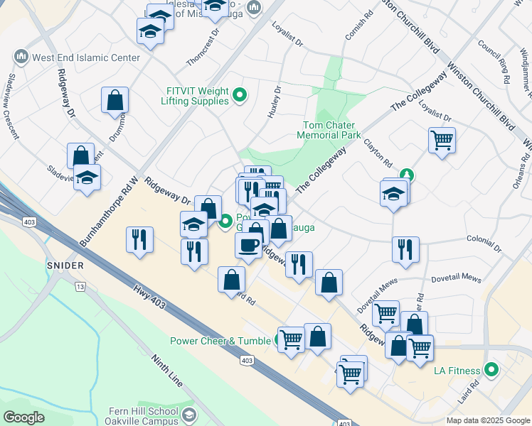map of restaurants, bars, coffee shops, grocery stores, and more near 3556 Colonial Drive in Mississauga