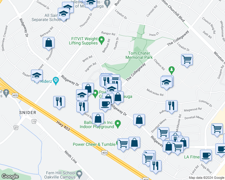 map of restaurants, bars, coffee shops, grocery stores, and more near in Mississauga
