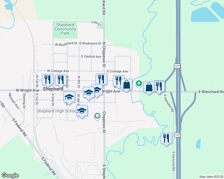 map of restaurants, bars, coffee shops, grocery stores, and more near 204-298 East Wright Avenue in Shepherd