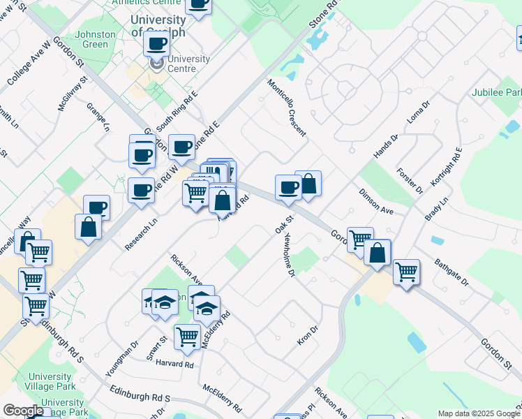 map of restaurants, bars, coffee shops, grocery stores, and more near 807 Gordon Street in Guelph