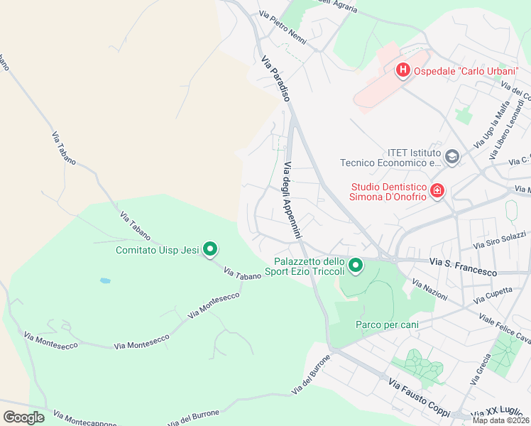 map of restaurants, bars, coffee shops, grocery stores, and more near 15 Via Gola della Rossa in Jesi