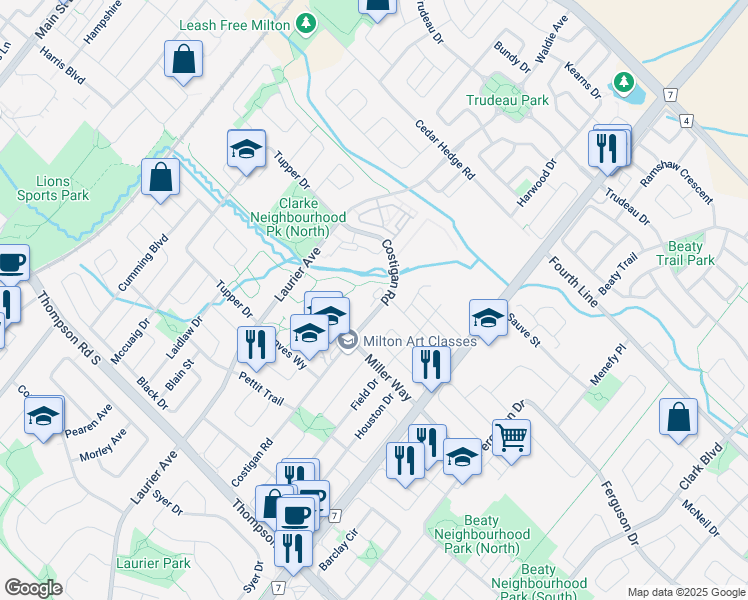 map of restaurants, bars, coffee shops, grocery stores, and more near 1287 Costigan Road in Milton
