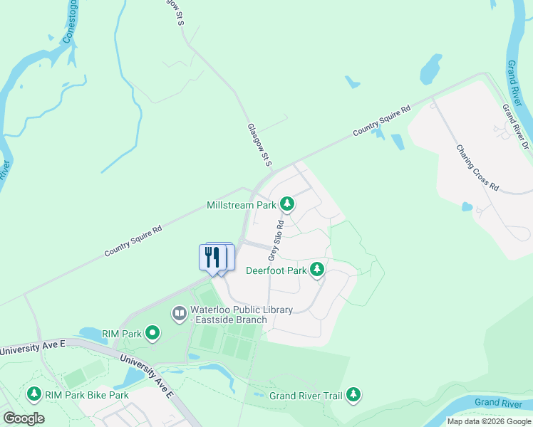 map of restaurants, bars, coffee shops, grocery stores, and more near 271 Grey Silo Road in Waterloo