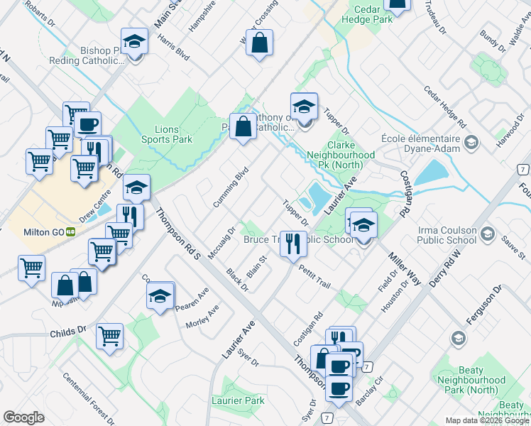 map of restaurants, bars, coffee shops, grocery stores, and more near 1130 Little Crescent in Milton