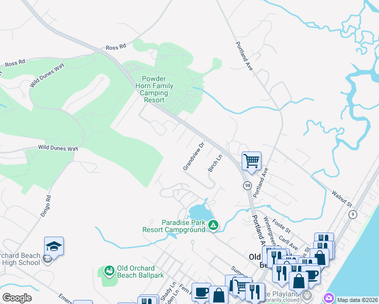 map of restaurants, bars, coffee shops, grocery stores, and more near 37 Birch Lane in Old Orchard Beach