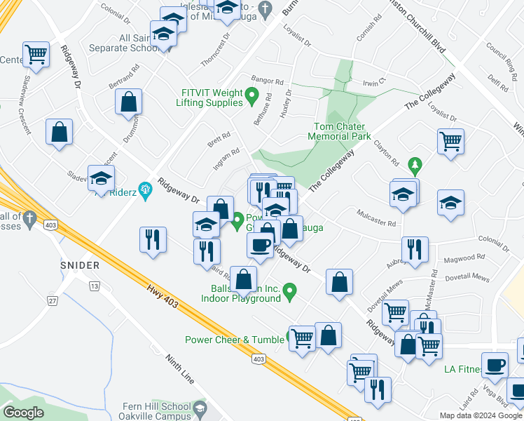 map of restaurants, bars, coffee shops, grocery stores, and more near 3425 Ridgeway Drive in Mississauga