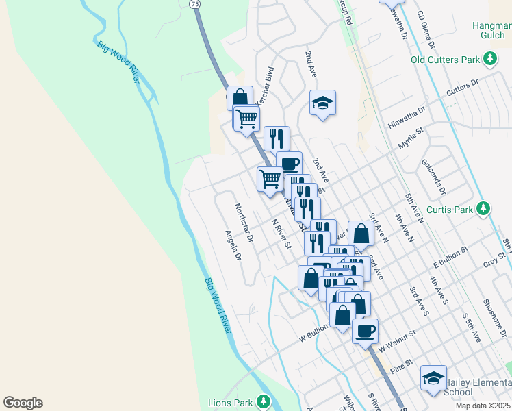 map of restaurants, bars, coffee shops, grocery stores, and more near 111 West Myrtle Street in Hailey