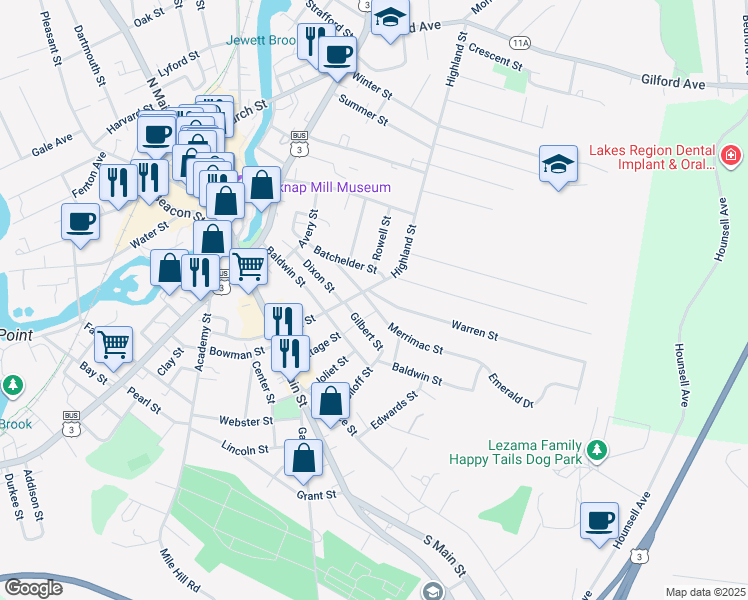 map of restaurants, bars, coffee shops, grocery stores, and more near 23 Merrimac Street in Laconia