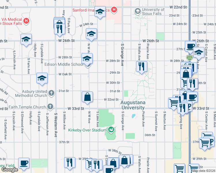 map of restaurants, bars, coffee shops, grocery stores, and more near 2301 South Covell Avenue in Sioux Falls