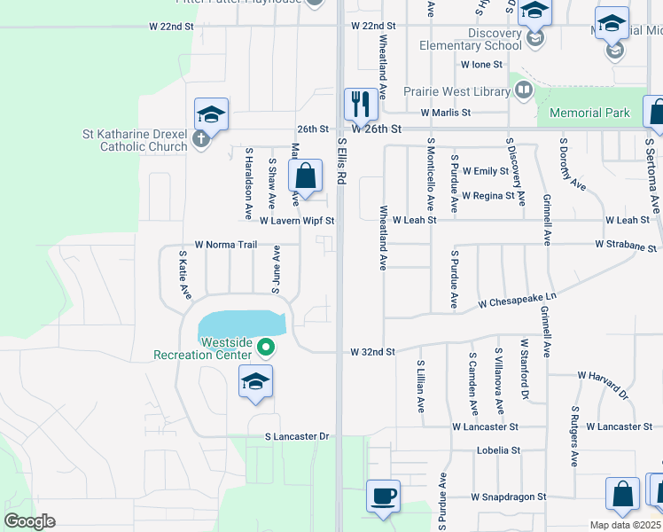map of restaurants, bars, coffee shops, grocery stores, and more near 2301 South Ellis Road in Sioux Falls