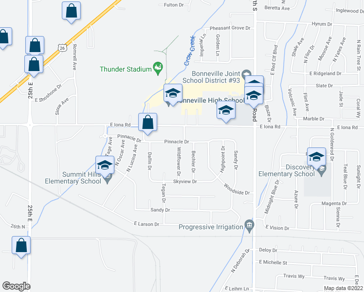 map of restaurants, bars, coffee shops, grocery stores, and more near 3158 Wildflower Drive in Idaho Falls
