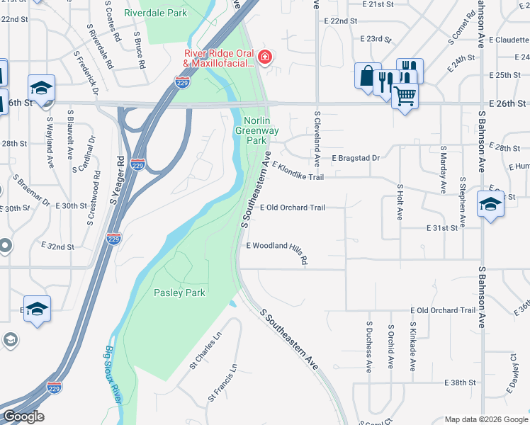 map of restaurants, bars, coffee shops, grocery stores, and more near 2521 East Old Orchard Trail in Sioux Falls