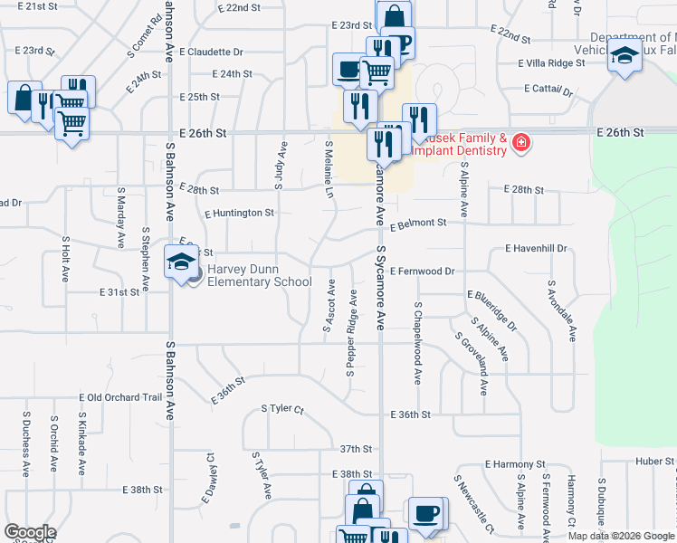 map of restaurants, bars, coffee shops, grocery stores, and more near 2404 South Ascot Avenue in Sioux Falls