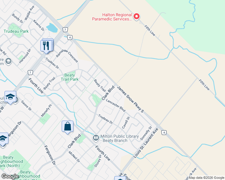 map of restaurants, bars, coffee shops, grocery stores, and more near 1662 Clark Boulevard in Milton