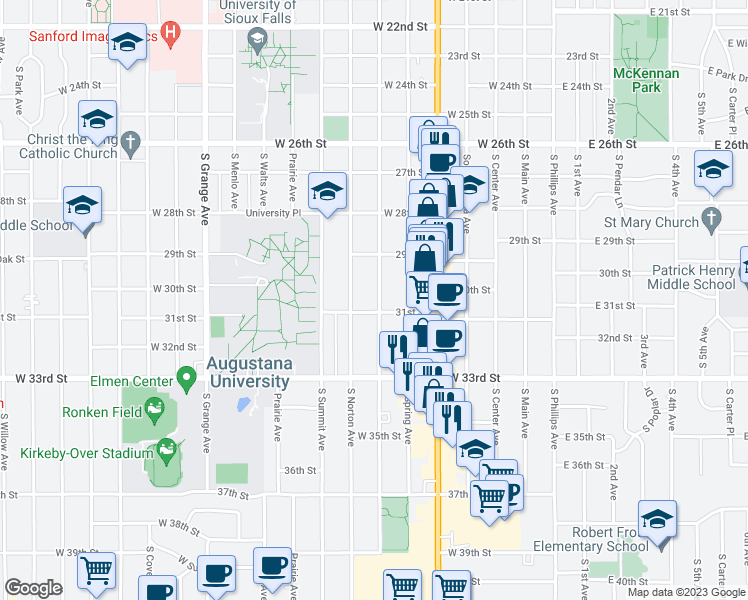map of restaurants, bars, coffee shops, grocery stores, and more near 2123 South Duluth Avenue in Sioux Falls