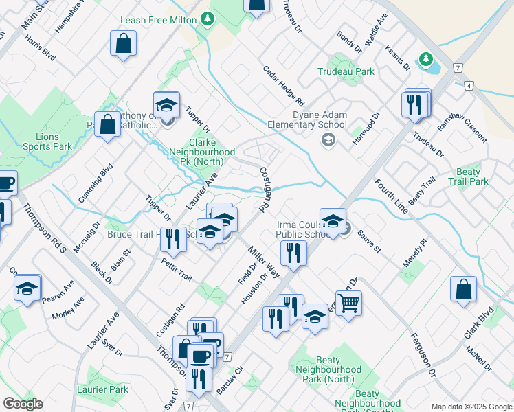 map of restaurants, bars, coffee shops, grocery stores, and more near 1287 Costigan Road in Milton